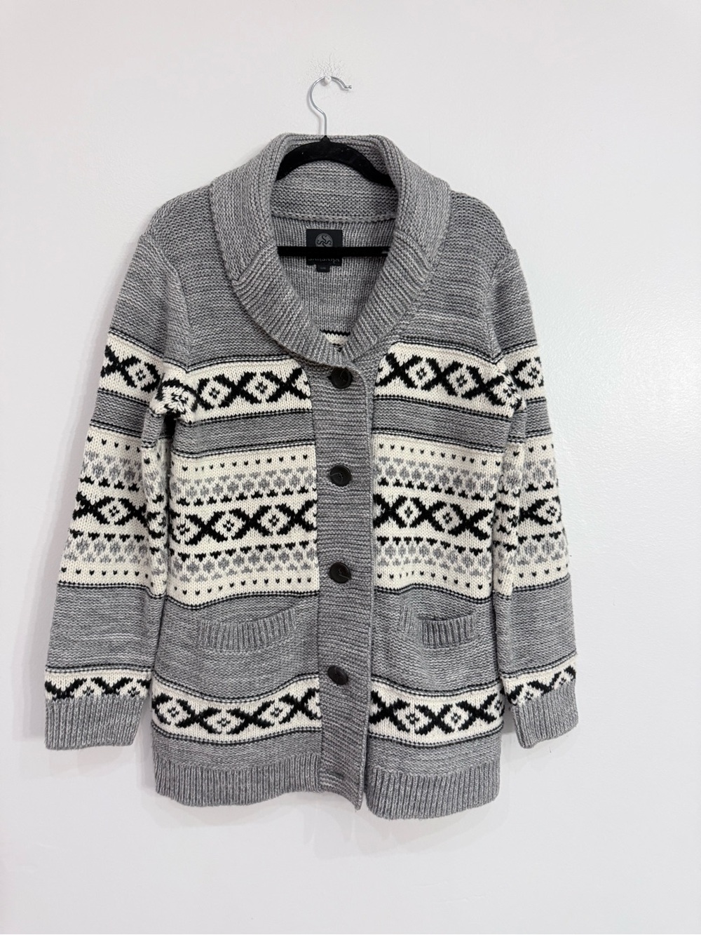 Sansara shawl Collar Button-Front Fair Isle Cardigan Sweater - Gray